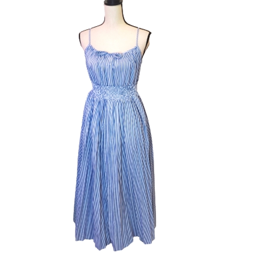 J Crew Blue and White Striped, Smocked Waist Pleated Dress, Size 16, NWT